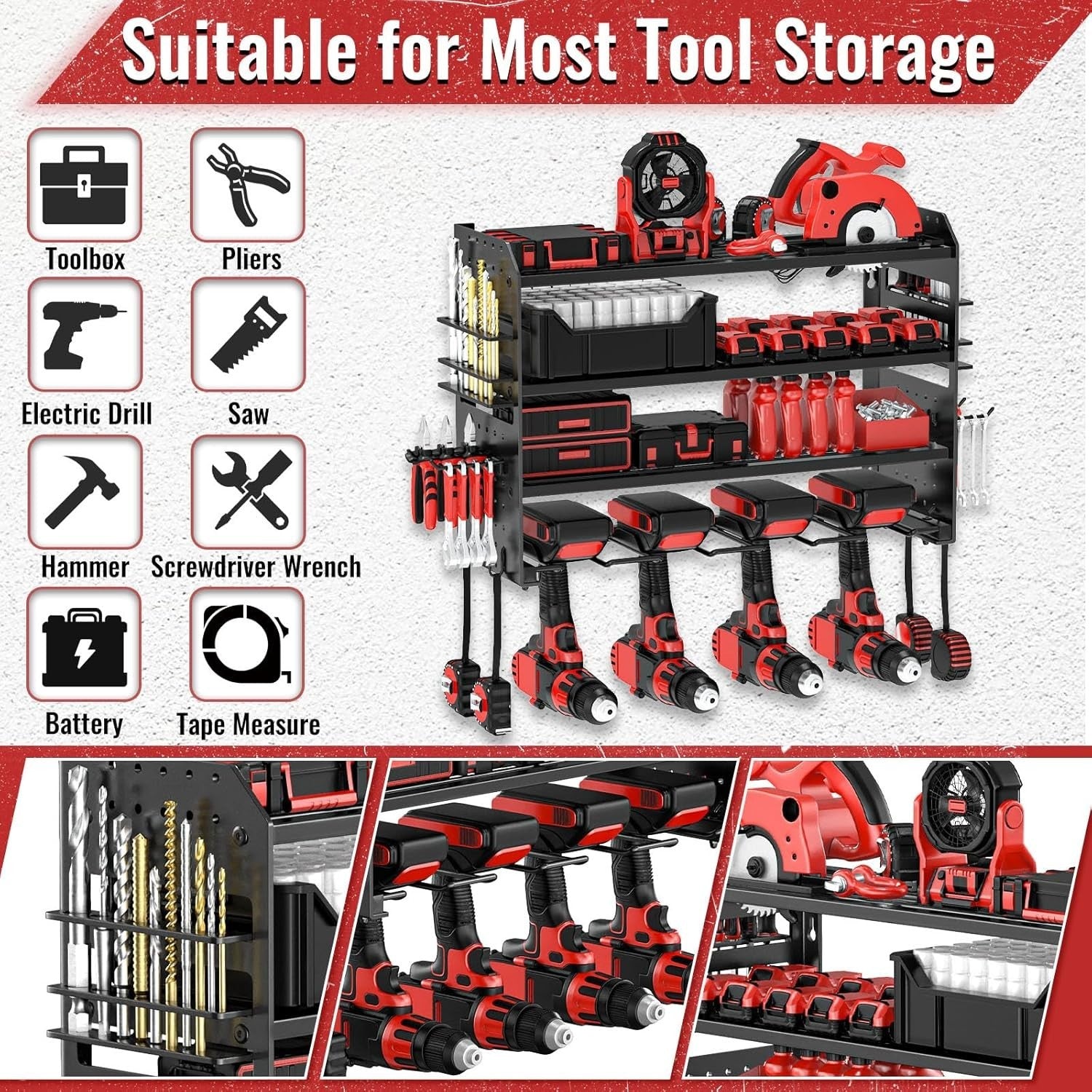 Wall-Mounted Power Tool Rack 4-Tier Screwdriver & Plier Holder Black