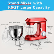 Electric Stand Mixer 9.5QT 660W 7-Speed Tilt-Head Red