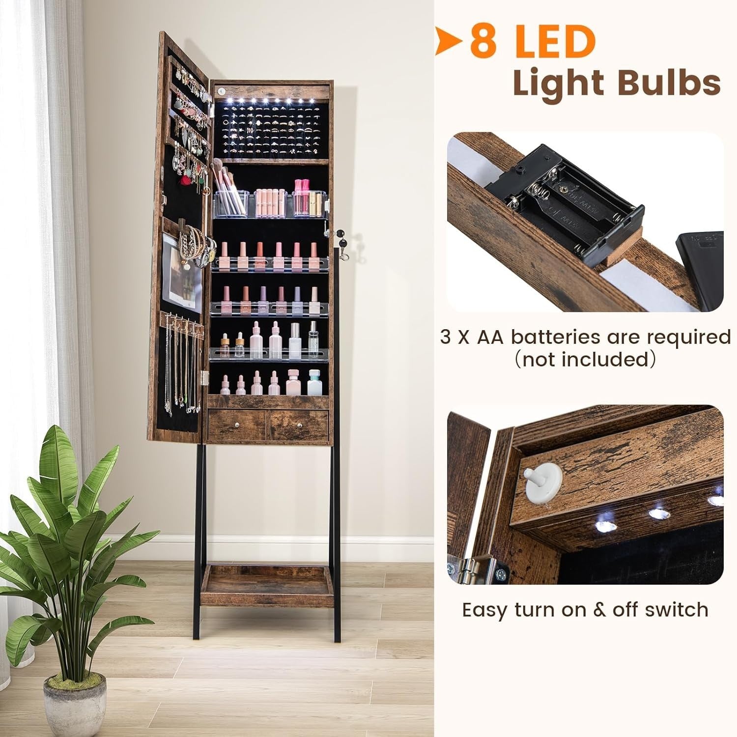 Rustic Brown LED Jewelry Cabinet Freestanding Lockable Mirror Storage