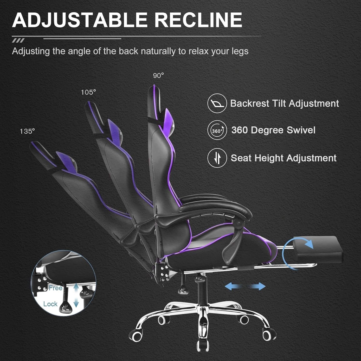 Gaming Chair Ergonomic Purple Reclining Racing Style Footrest Massage Lumbar Sup