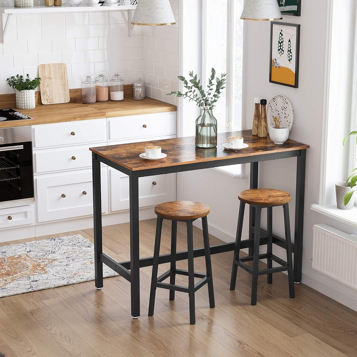 Industrial Bar Stools Set of 4 Rustic Brown Round Seat 65cm High