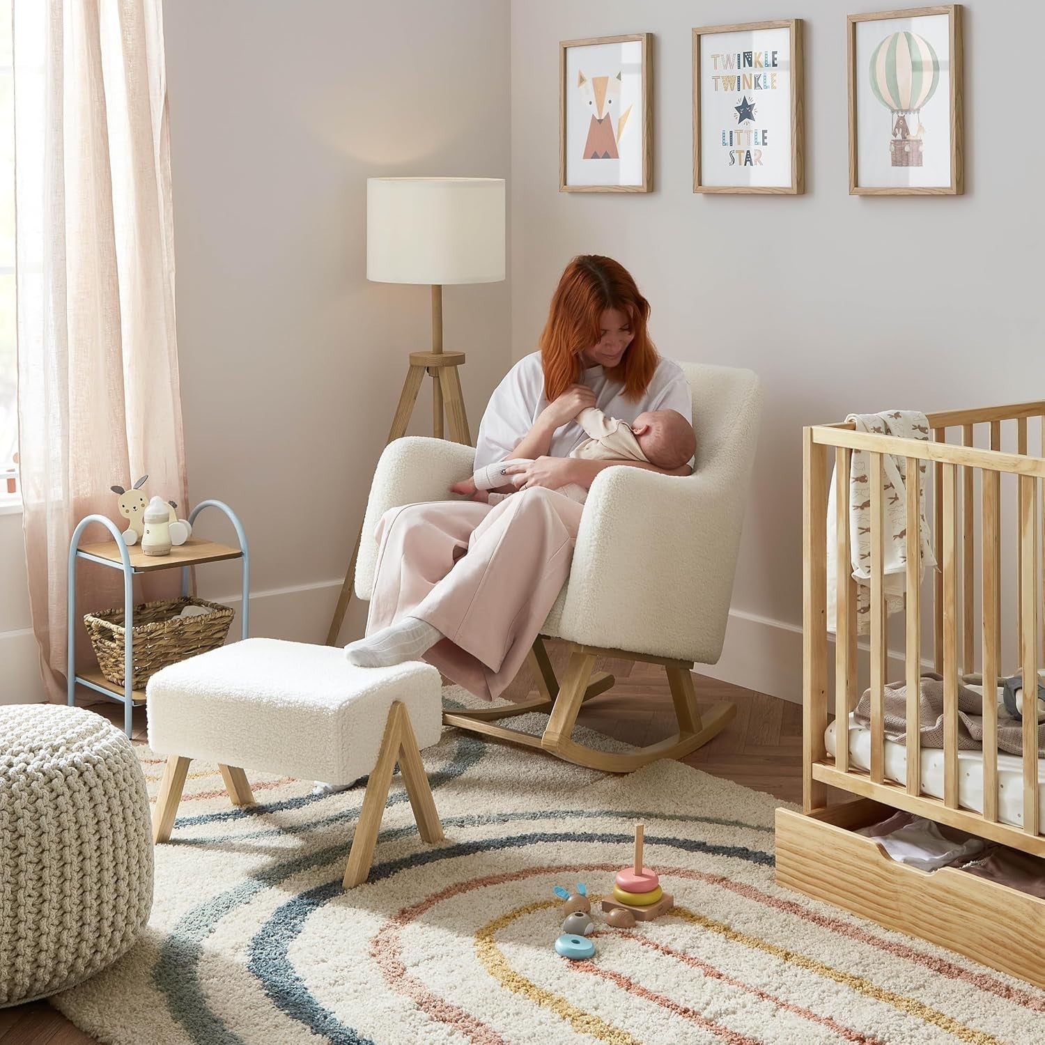 Cozy Nursery Rocking Chair with Footstool Fleece Fabric High Back Support