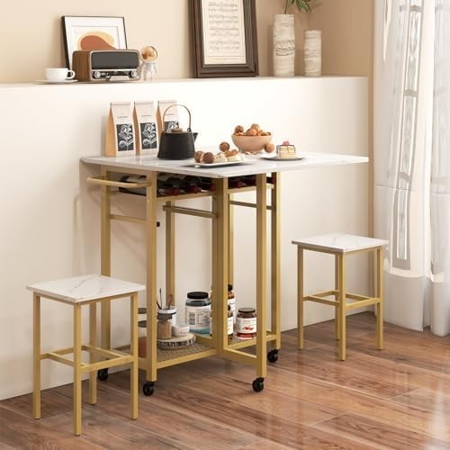 Foldable Drop Leaf Dining Table Set with Stools Wine Rack Shelves & Wheels