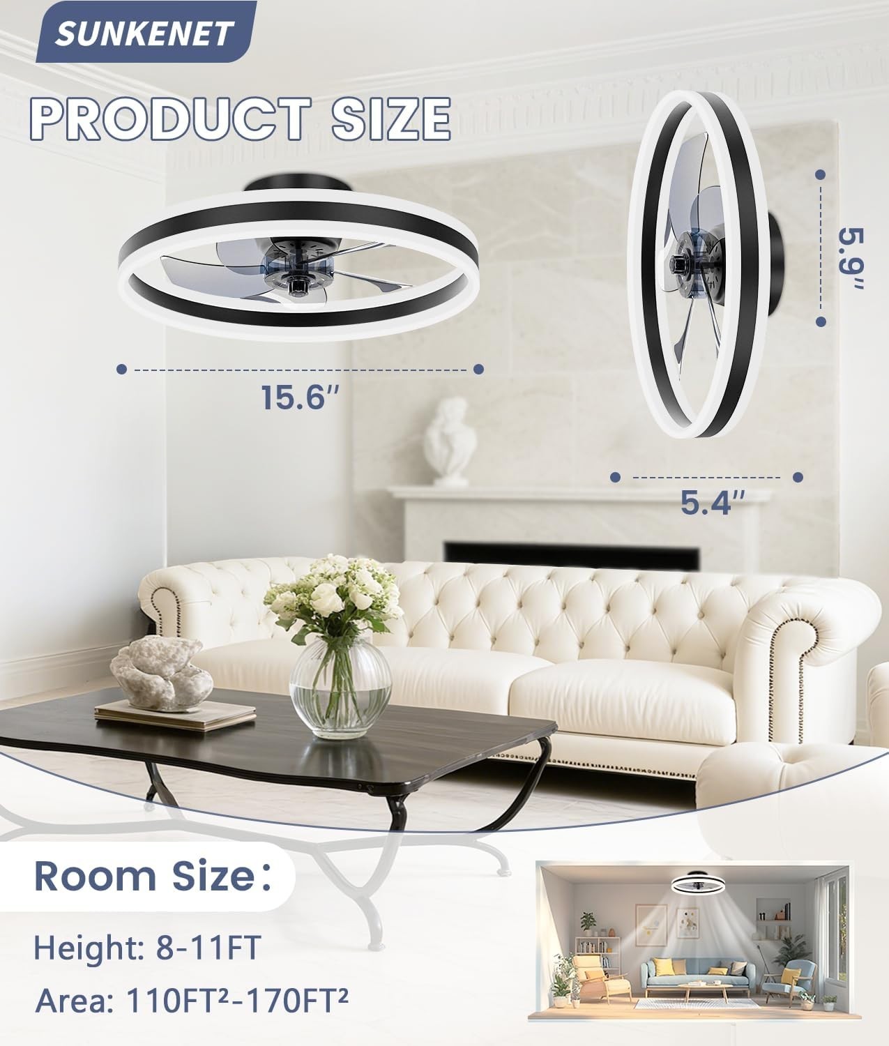 40cm Ceiling Fan Light, 6 Speeds, Dimmable LED, Reversible, Quiet Black Fan