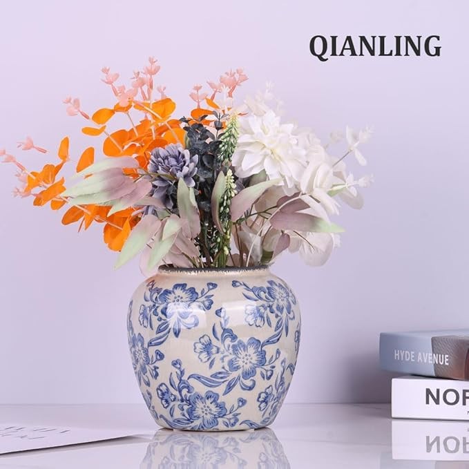 Blue White Floral Ceramic Vase Vintage Chinoiserie Table Centrepiece 23cm