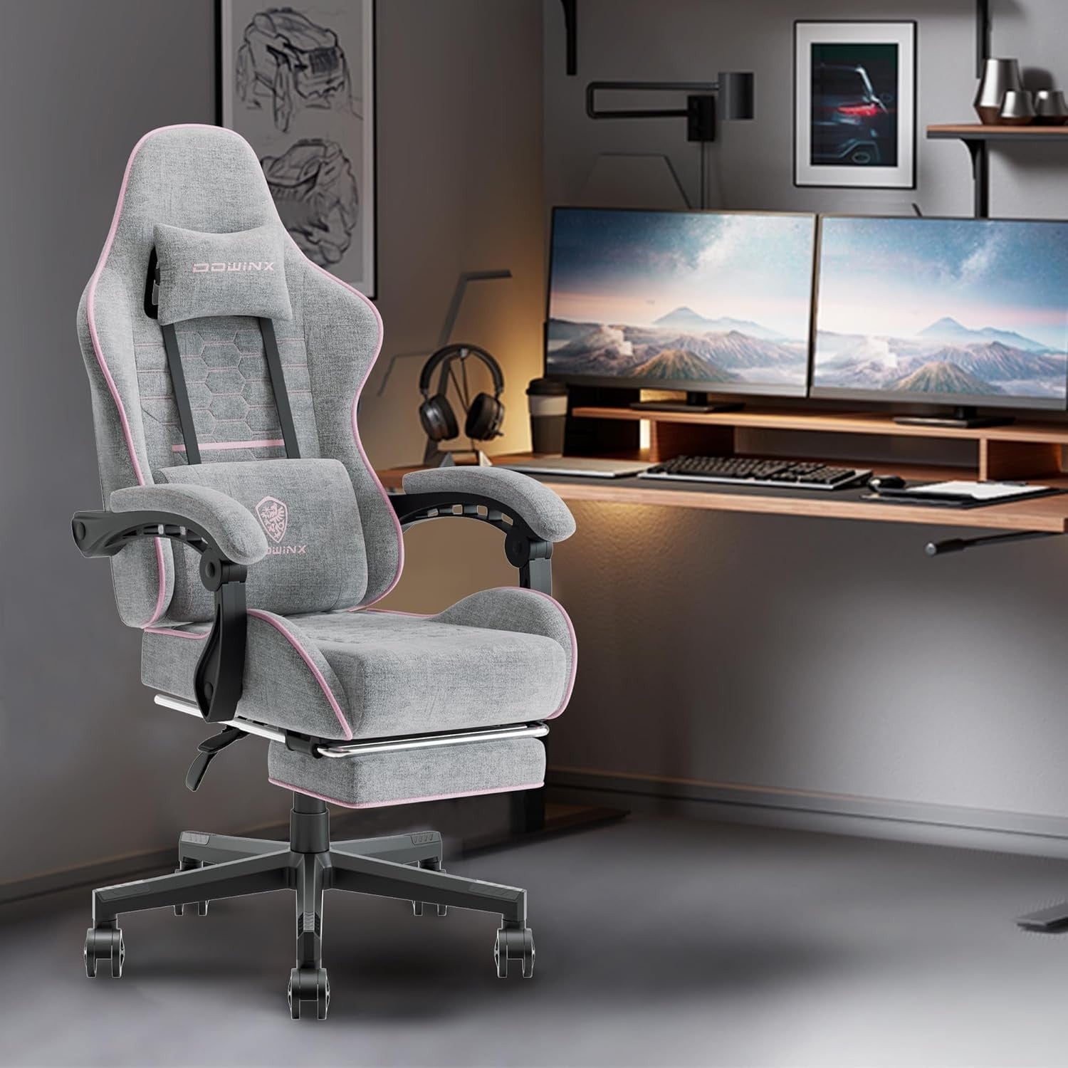 Ergonomic Gaming Chair with Footrest Massage 150kg Pink Grey