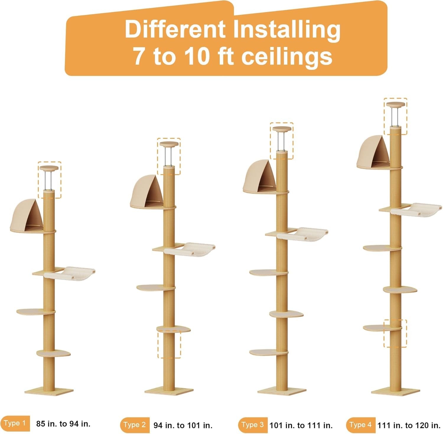 Floor to Ceiling Cat Tree Tower 6 Level Adjustable Scratching Post Hammock
