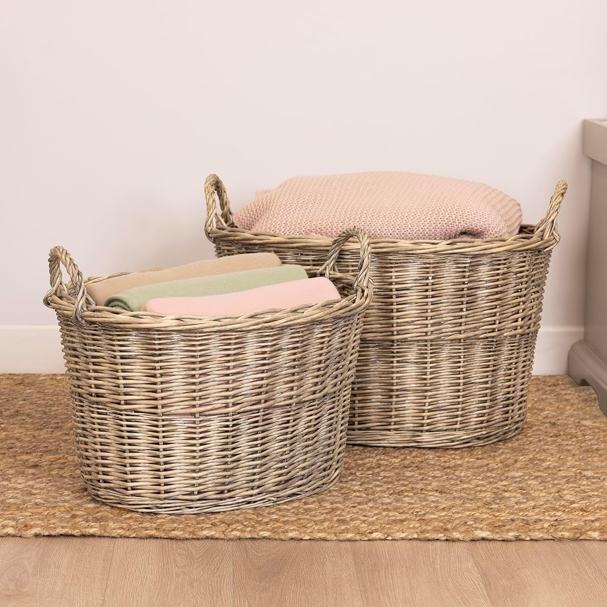 Oval Wicker Log Basket Set, Nesting Storage Baskets with Carry Handles, Durable