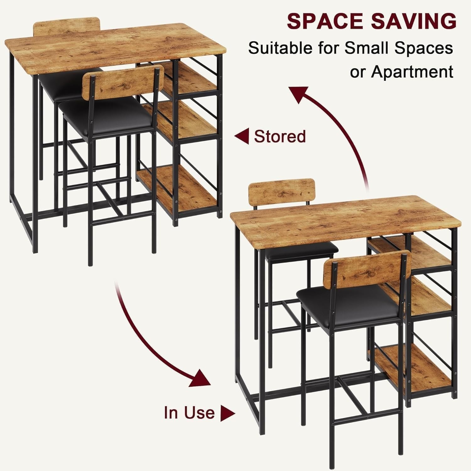 2-Seater Dining Table Set Chairs & 3-Tier Storage Shelves, Rustic Brown Bistro