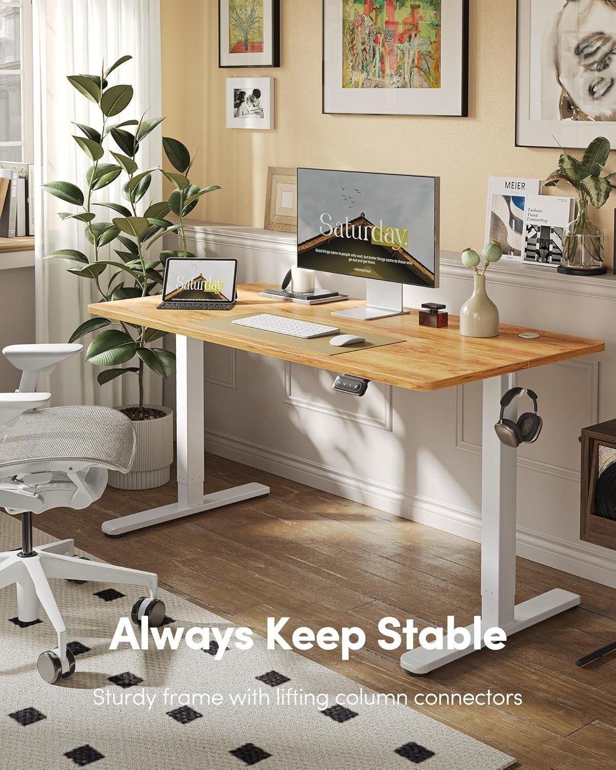 Electric Standing Desk 140x60cm White Frame Light Brown Adjustable Table