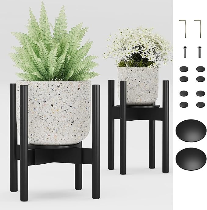 Adjustable Bamboo Plant Stand 2 Pack with Tray for Indoor Pots 20–30cm Black