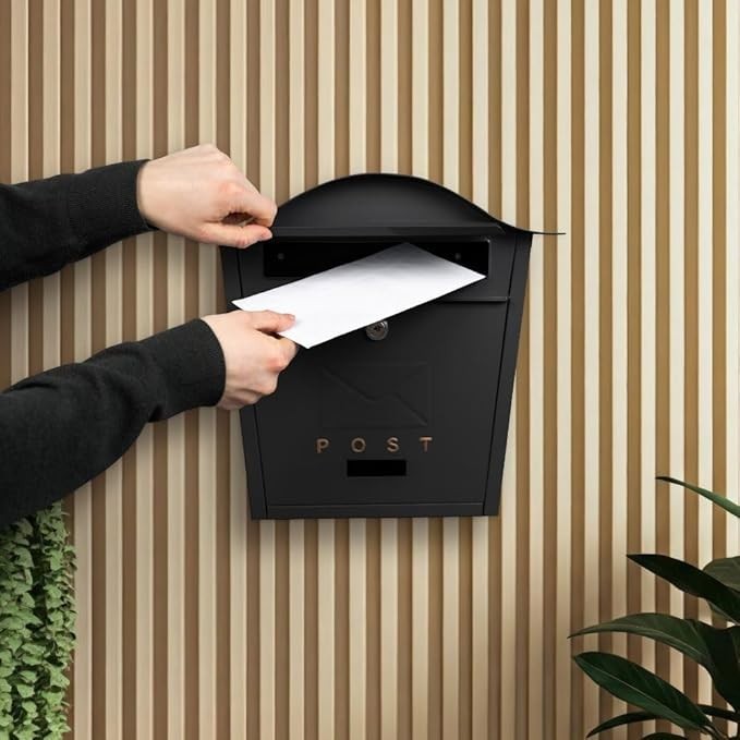 Lockable Wall Mounted Mailbox Black Iron Weatherproof Post Box Large Secure Flap