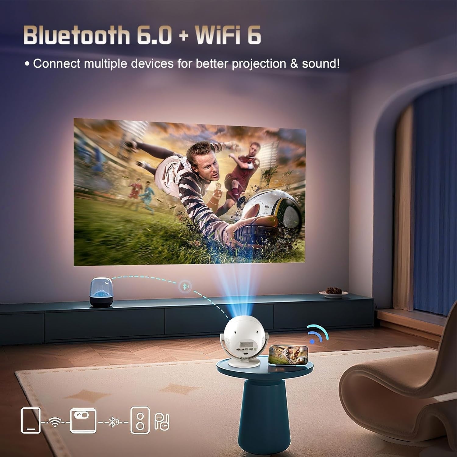 4K Mini Projector 1080P WiFi 6 Bluetooth Auto Keystone 360° Portable