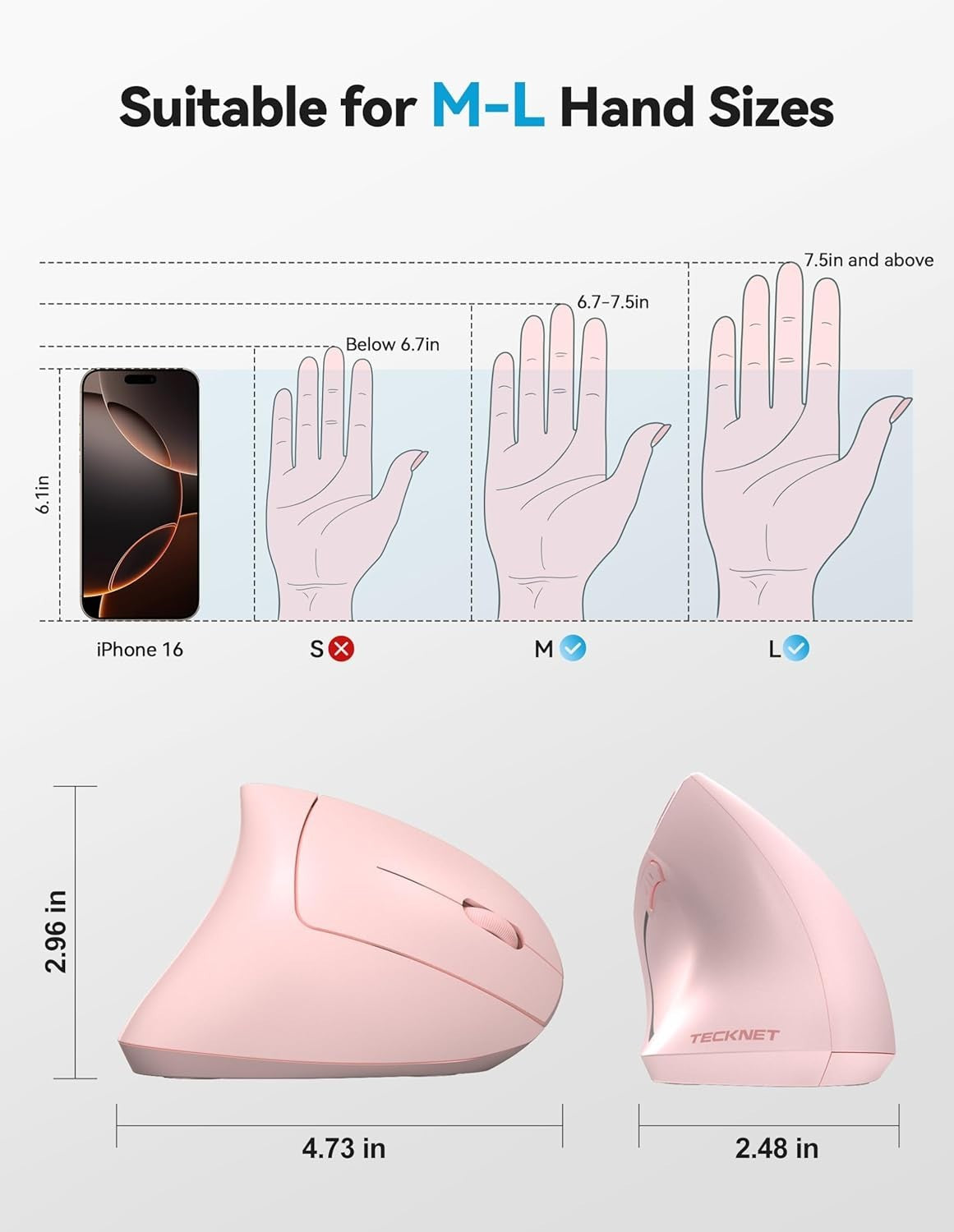 Pink Vertical Ergonomic Mouse Bluetooth Rechargeable 4800 DPI