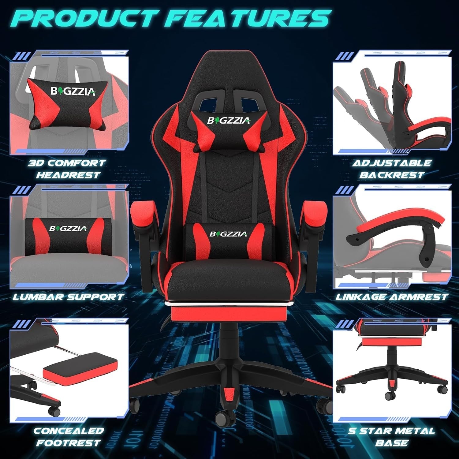 Gaming Chair High Back Recliner LED Lights Ergonomic PC Racing Swivel Red
