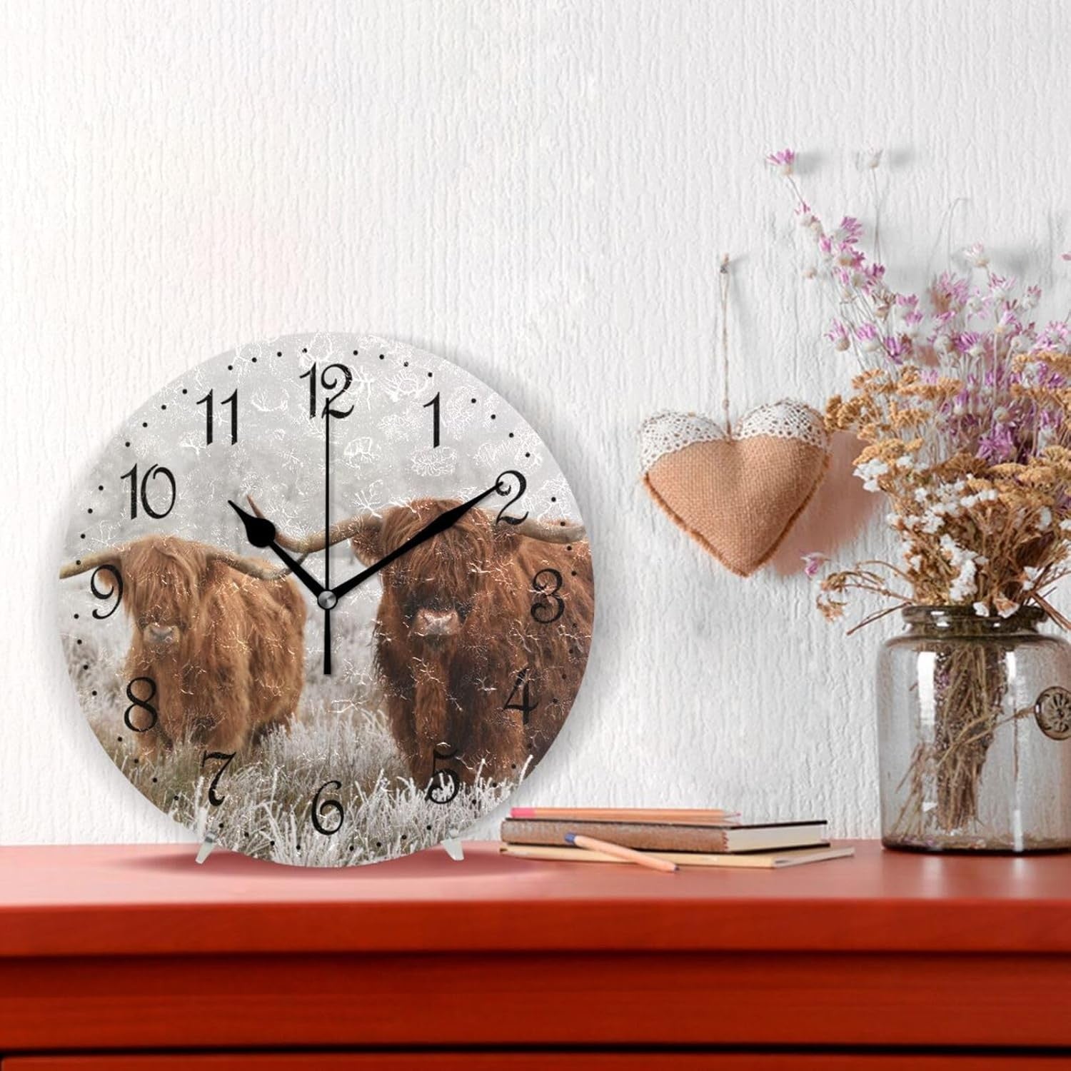25cm Highland Cow Wall Clock – Silent Non-Ticking Rustic Farmhouse Decor
