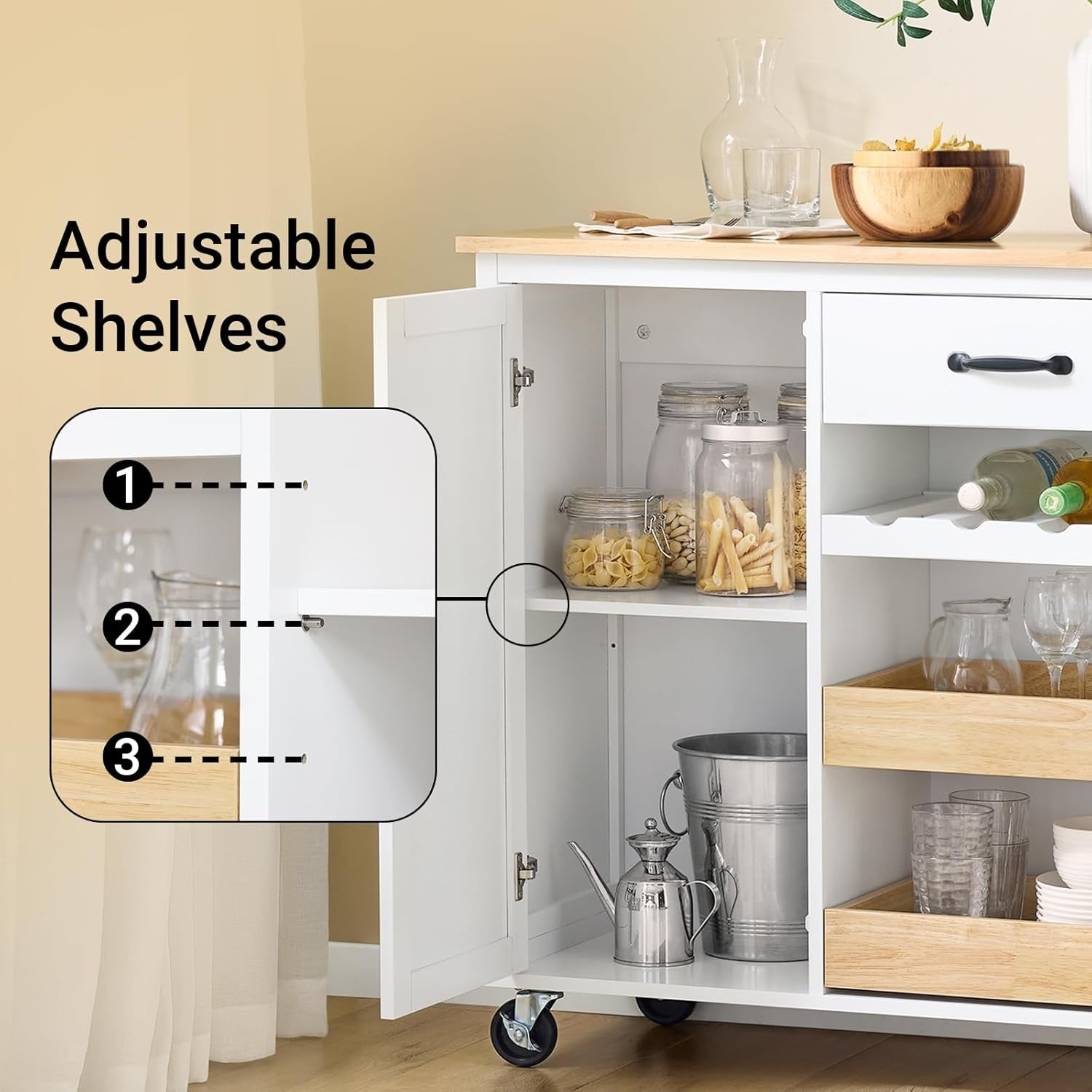 Rolling Kitchen Island Cart with Rubberwood Top, Storage & Locking Wheels, White