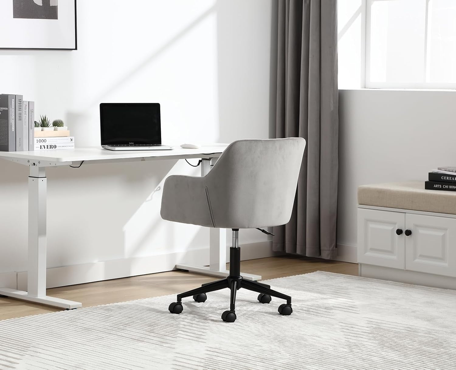 Swivel Office Chair Grey Velvet Desk Chair Modern Grid Back Home Study Seating