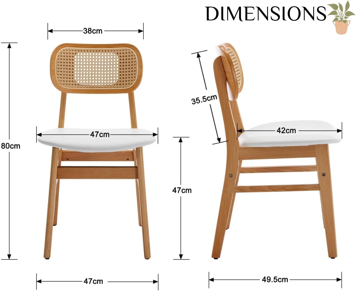 White PU Leather Dining Chairs Set of 2 Wooden Frame Rattan Back Kitchen
