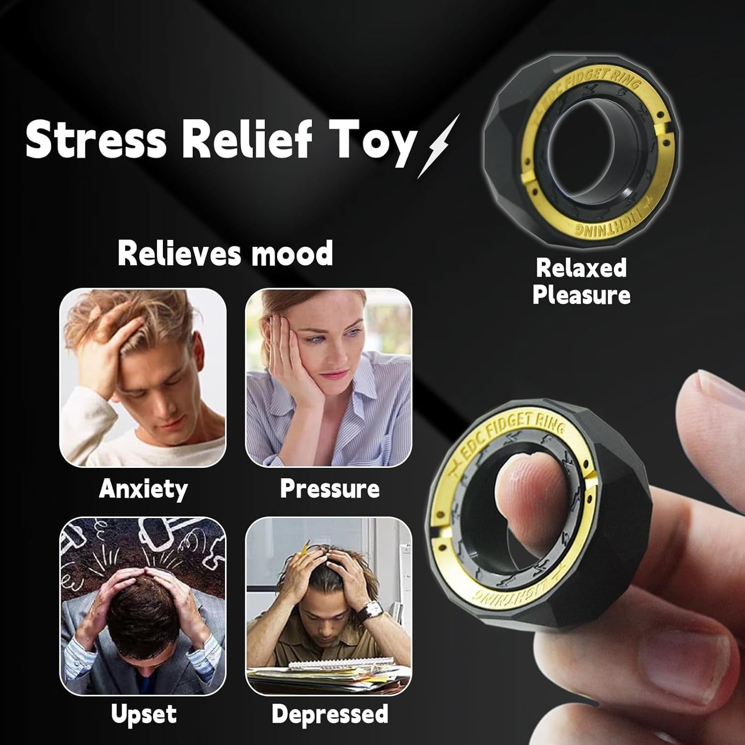 Matte Black Stainless Steel Fidget Ring Spinner Silent Click Stress