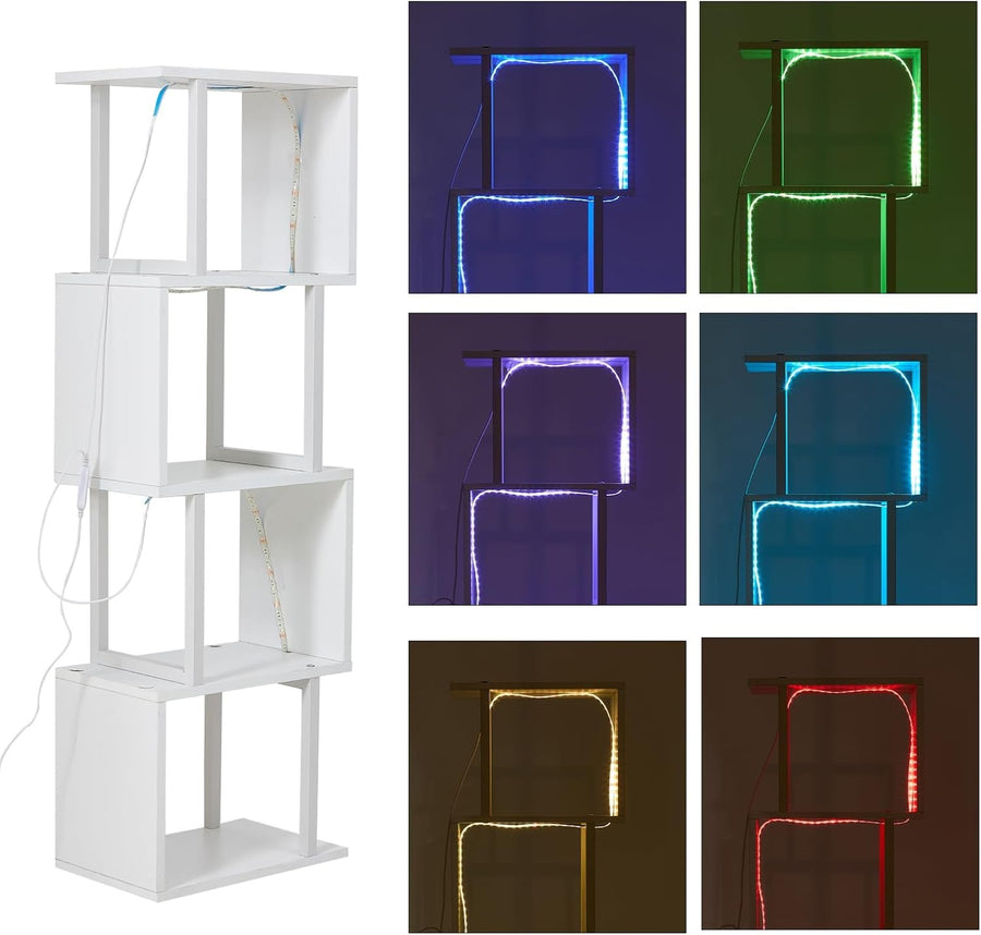 5-Tier S-Shaped Corner Bookcase with 6-Colour LED Lights White Display Shelf Uni