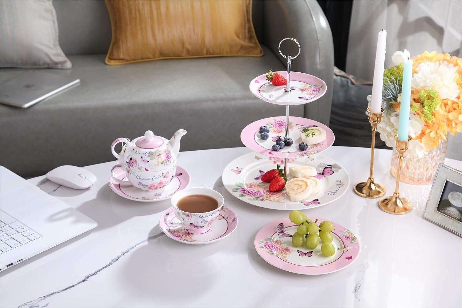 Tea for One Teapot Cup Saucer Set Butterfly Rose Porcelain Gift Box