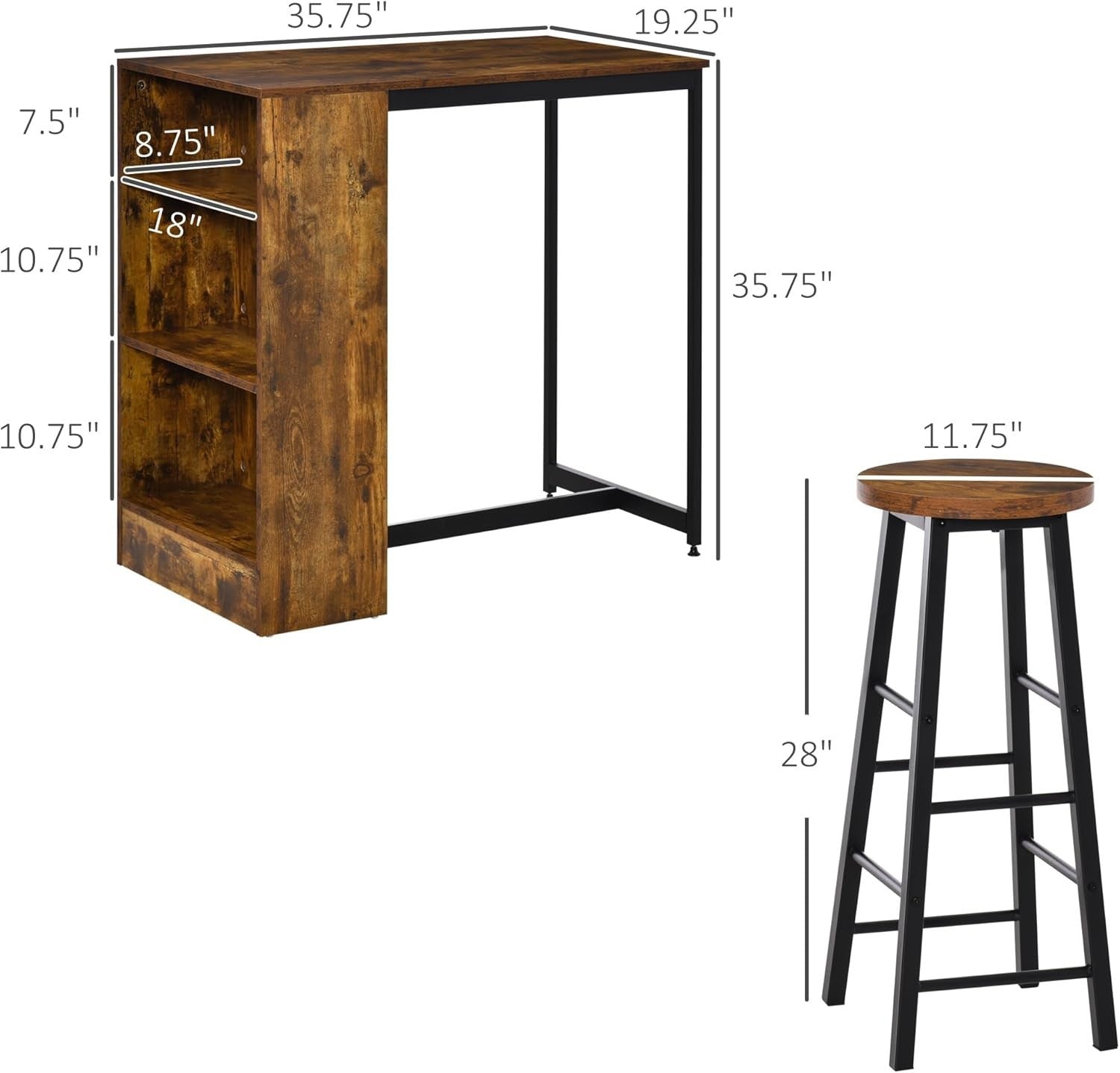Rustic Brown Industrial Bar Table Set with 2 Stools & Storage Shelf 3-Piece