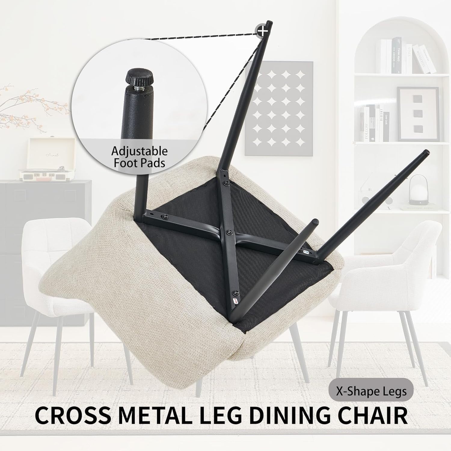 Plush Beige Dining Chairs Set of 2 Ergonomic Padded Seat Metal Legs