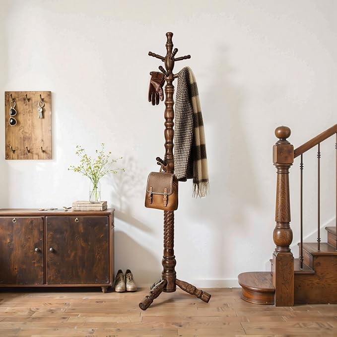 Wooden Coat Rack 188cm Tree Stand with 11 Hooks Heavy Duty Freestanding