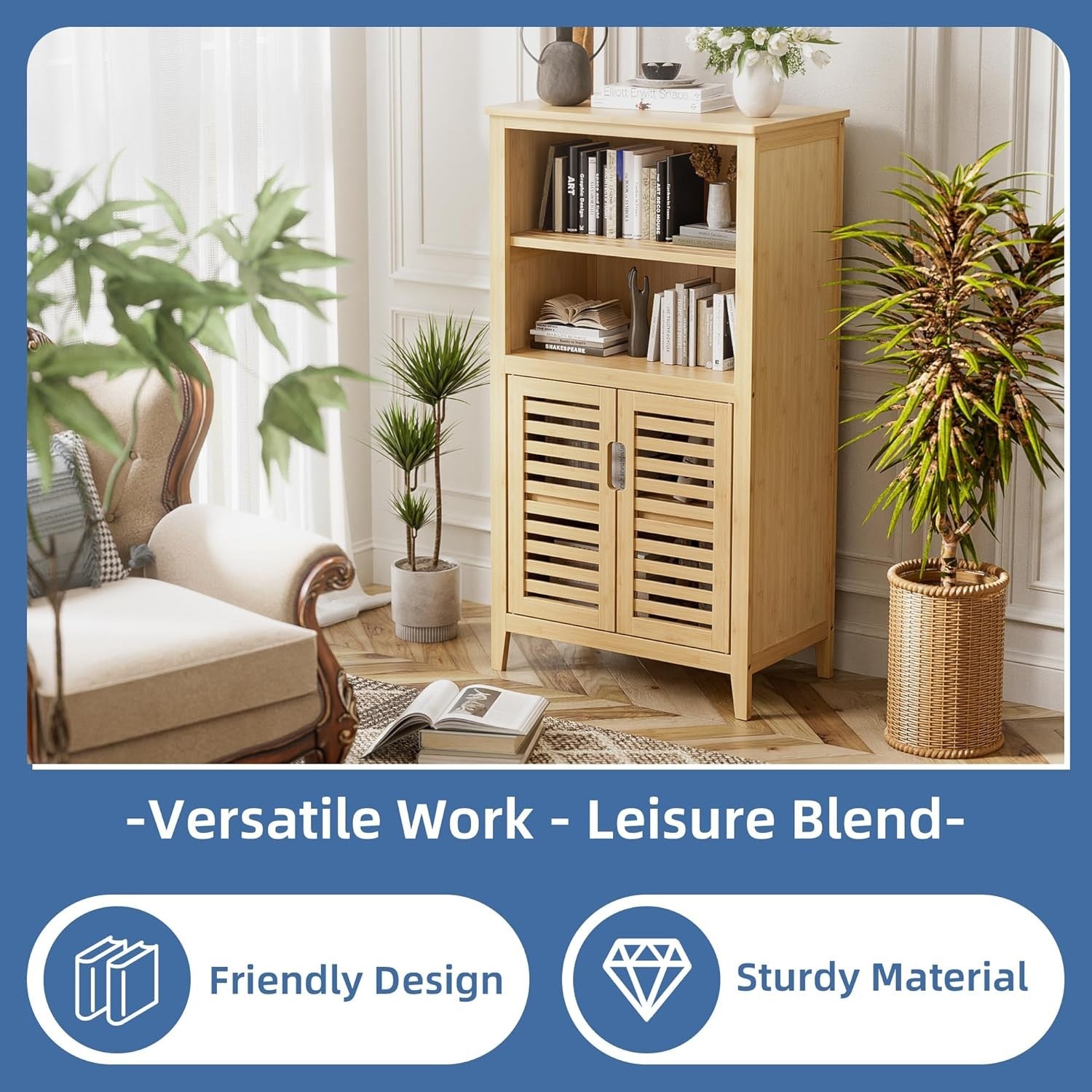 Natural Bamboo Floor Cabinet with Shutter Doors Adjustable Shelves