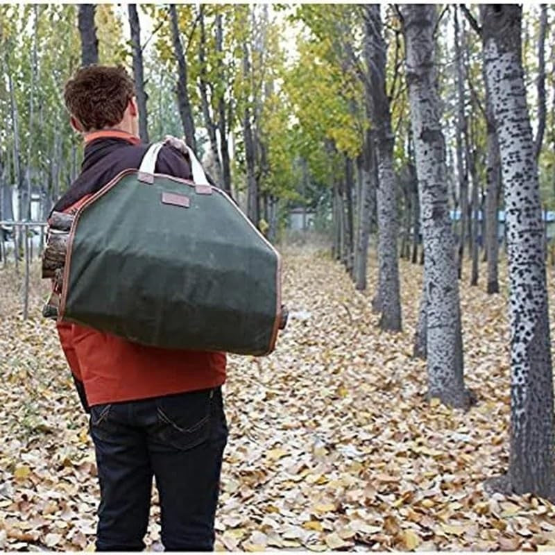 Durable Canvas Firewood Carrier Bag with Leather Handles – Portable Wood Tote