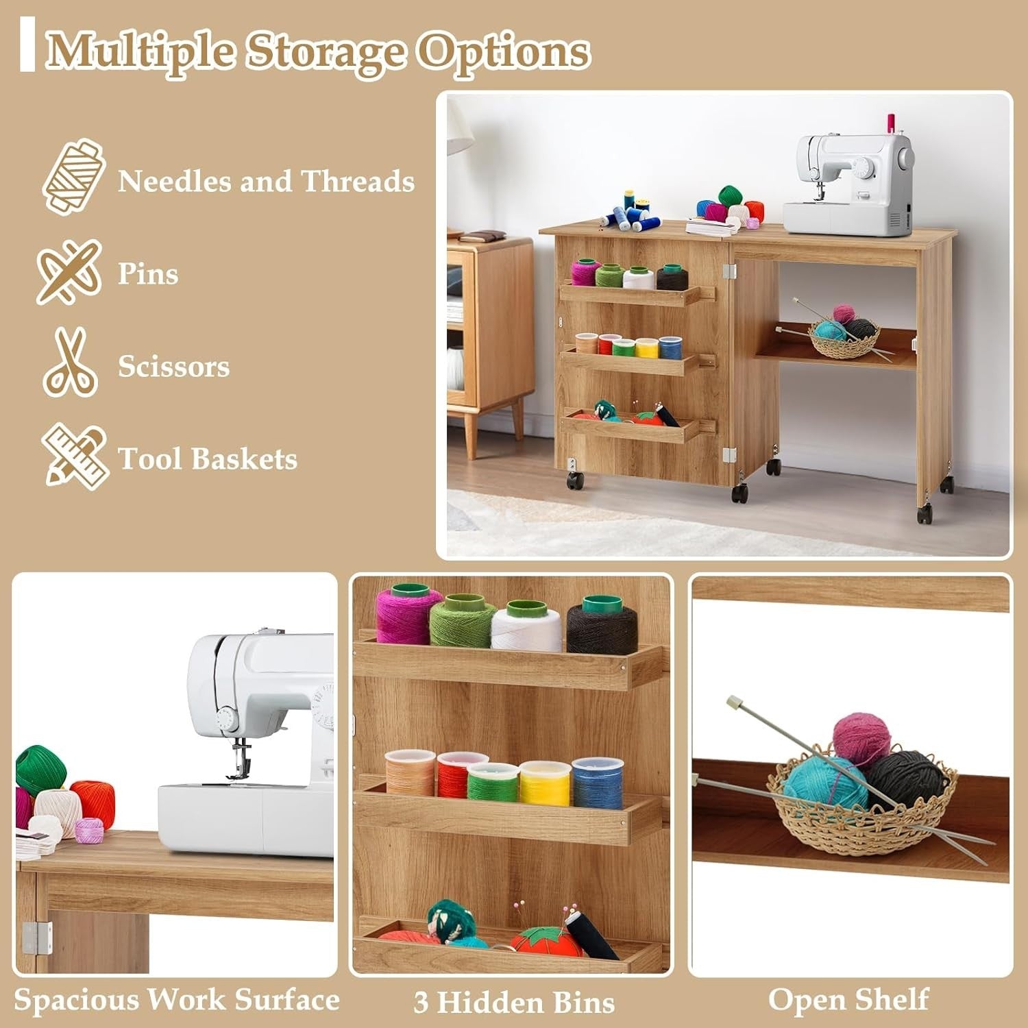 Folding Sewing Table 117cm Mobile Craft Desk with Shelves & Wheels Natural