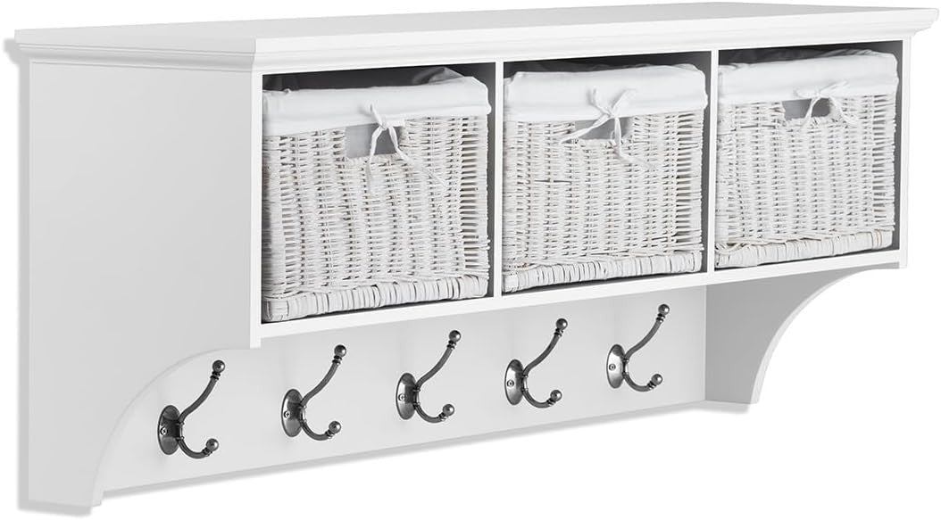 White Wall Mounted Coat Rack 3 Baskets 5 Double Hooks Hallway Storage Shelf