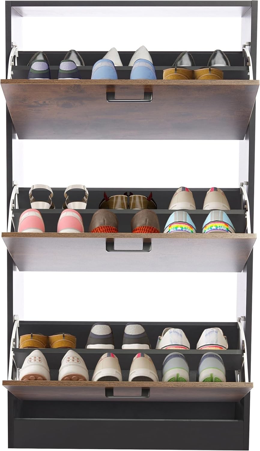 Black & Rustic 3 Drawer Shoe Cabinet with Top Shelf, Modern Hallway Unit