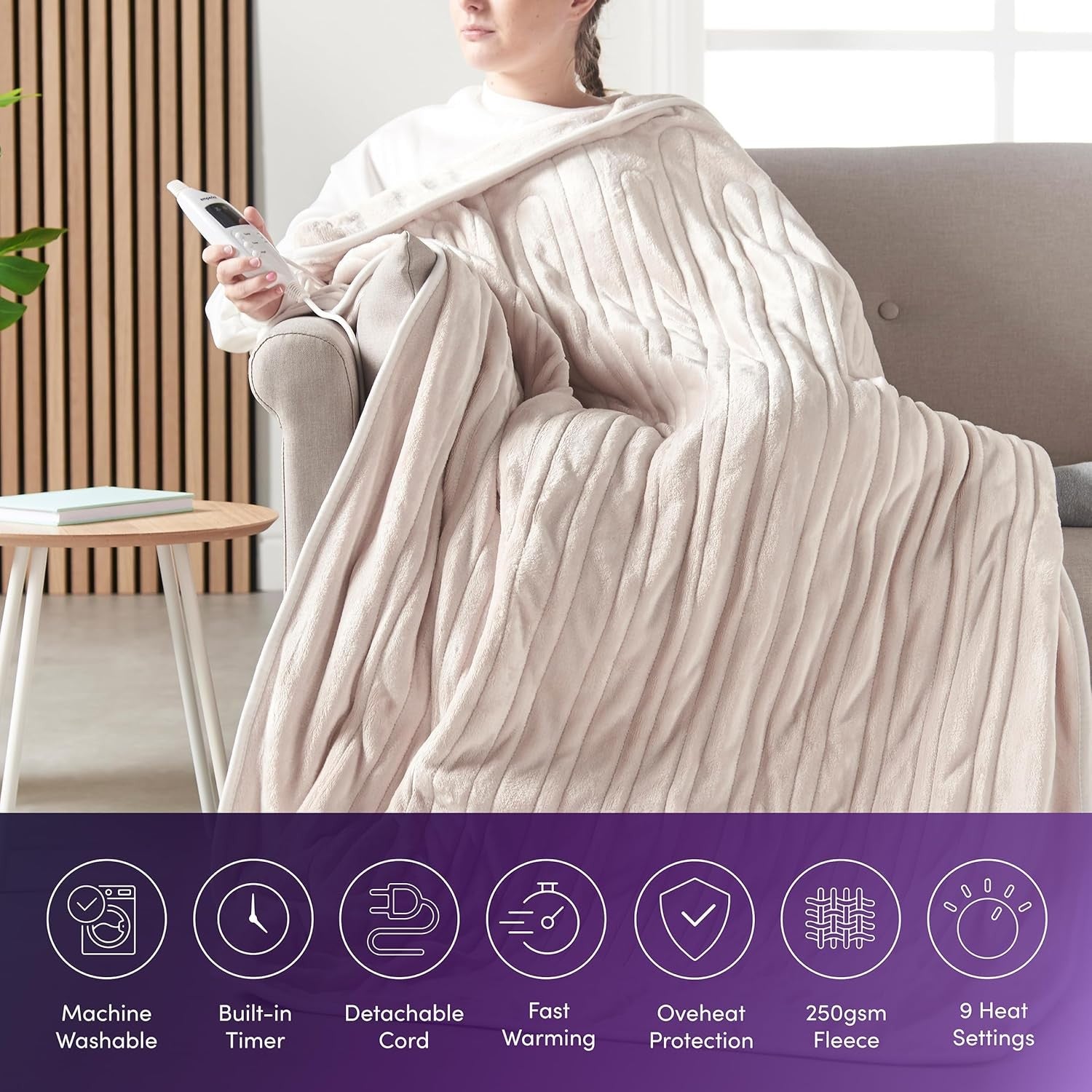 Electric Heated Throw Blanket 9 Heat Settings Soft Fleece 160x130cm