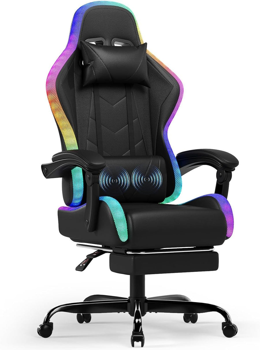 Gaming Chair LED Light RGB Recliner Massage Lumbar Support PU Leather Black