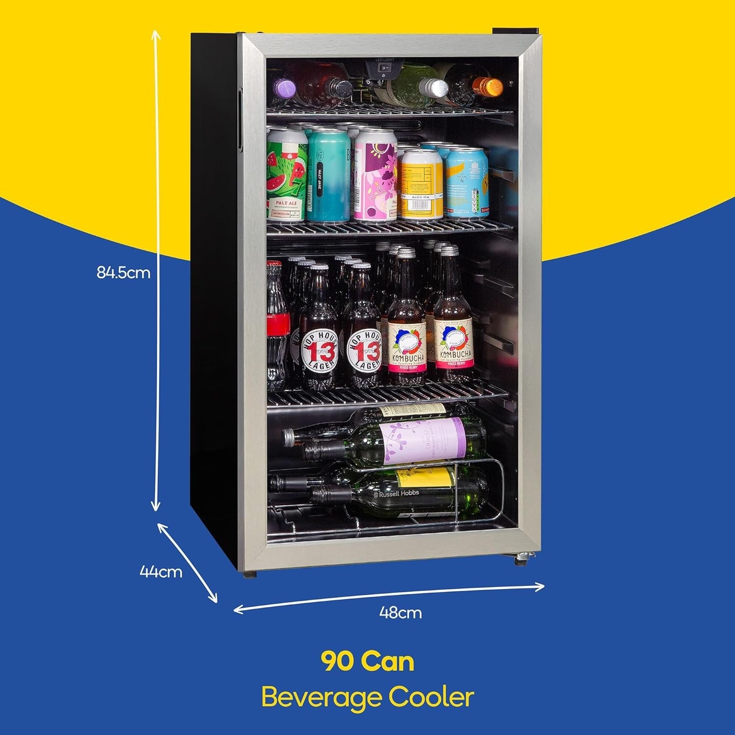 Under Counter Drinks Fridge Stainless Steel Glass Door LED Cooler 93L 48 Can