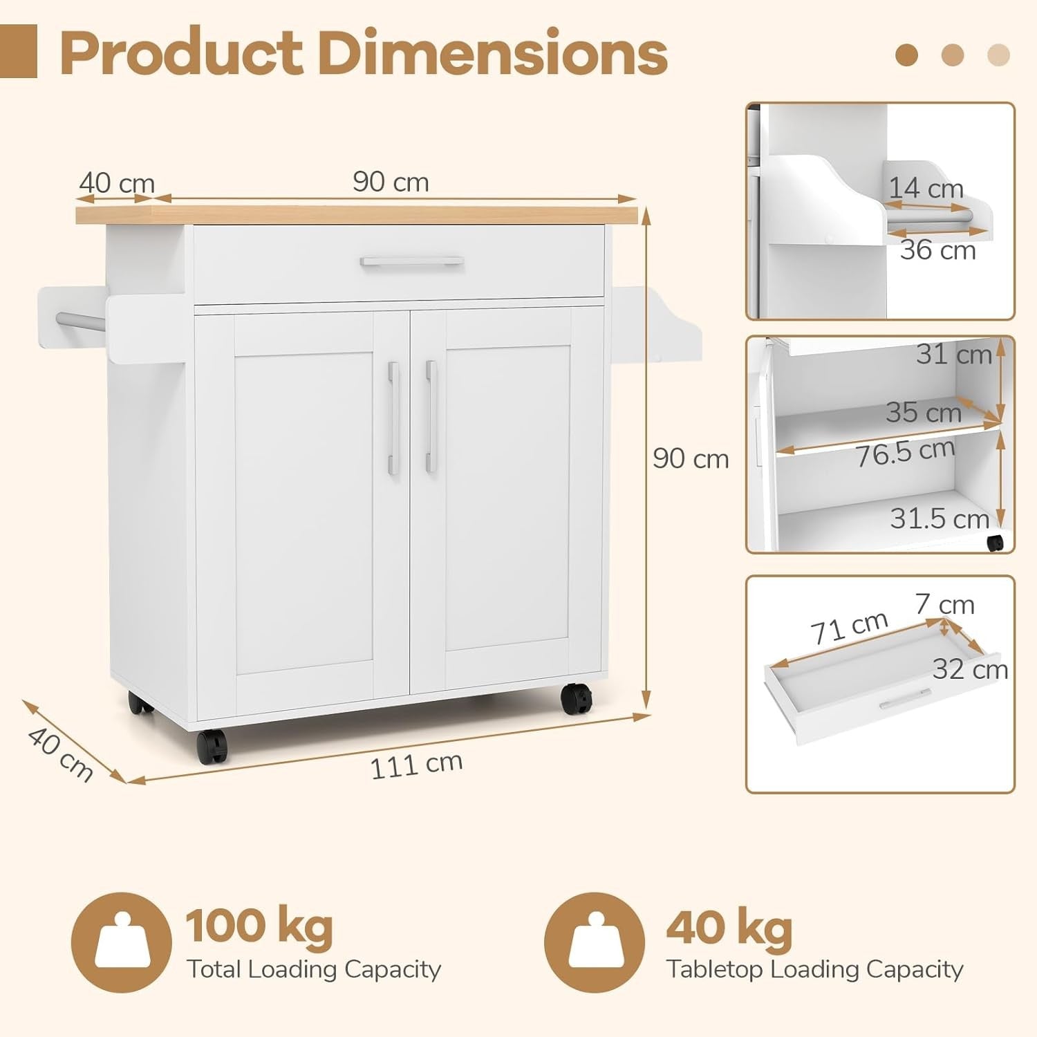 Kitchen Storage Trolley Rolling Island Cabinet Large Drawer Cupboard