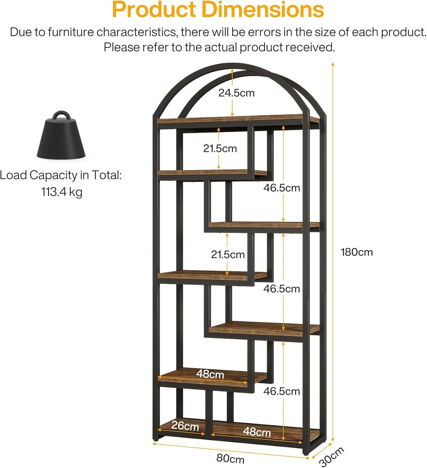 180cm Tall Arch Bookshelf | 7-Tier Rustic Industrial Wood & Metal Display Shelf
