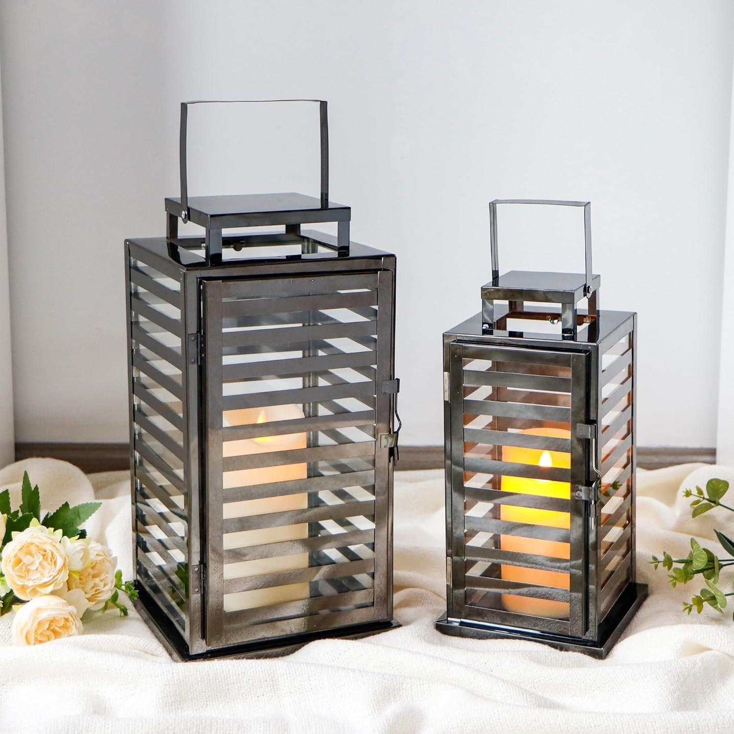 Set of 2 Black Stainless Steel Candle Lanterns 38 cm