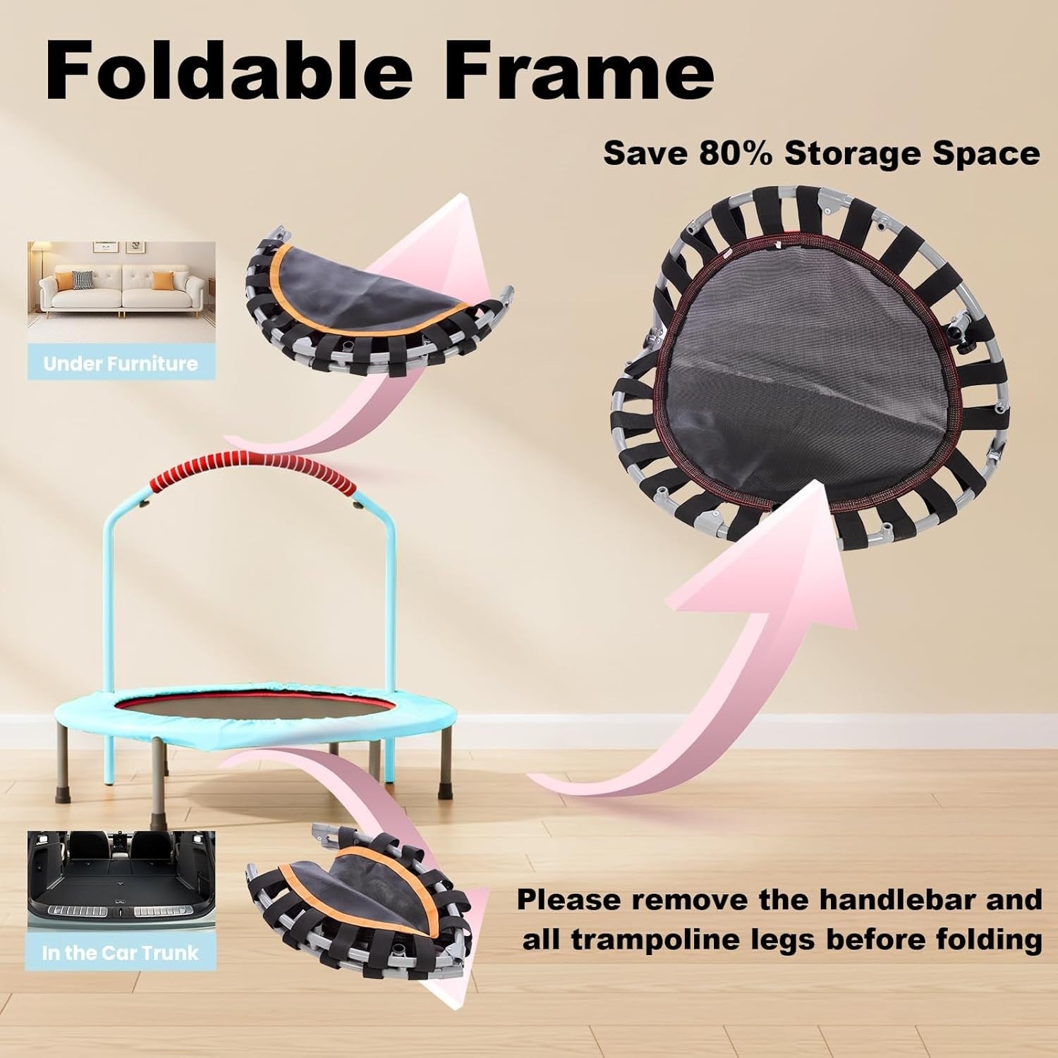 38'' Foldable Fitness Trampoline Adult Rebounder Adjustable Handle 220lb