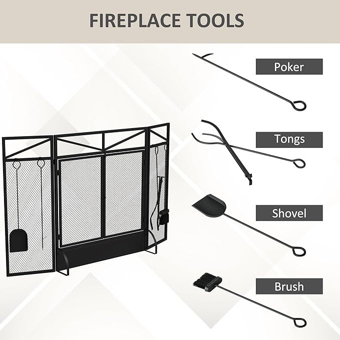 3 Panel Black Fire Guard Screen 122x77cm Folding Mesh Spark Protector with Tools