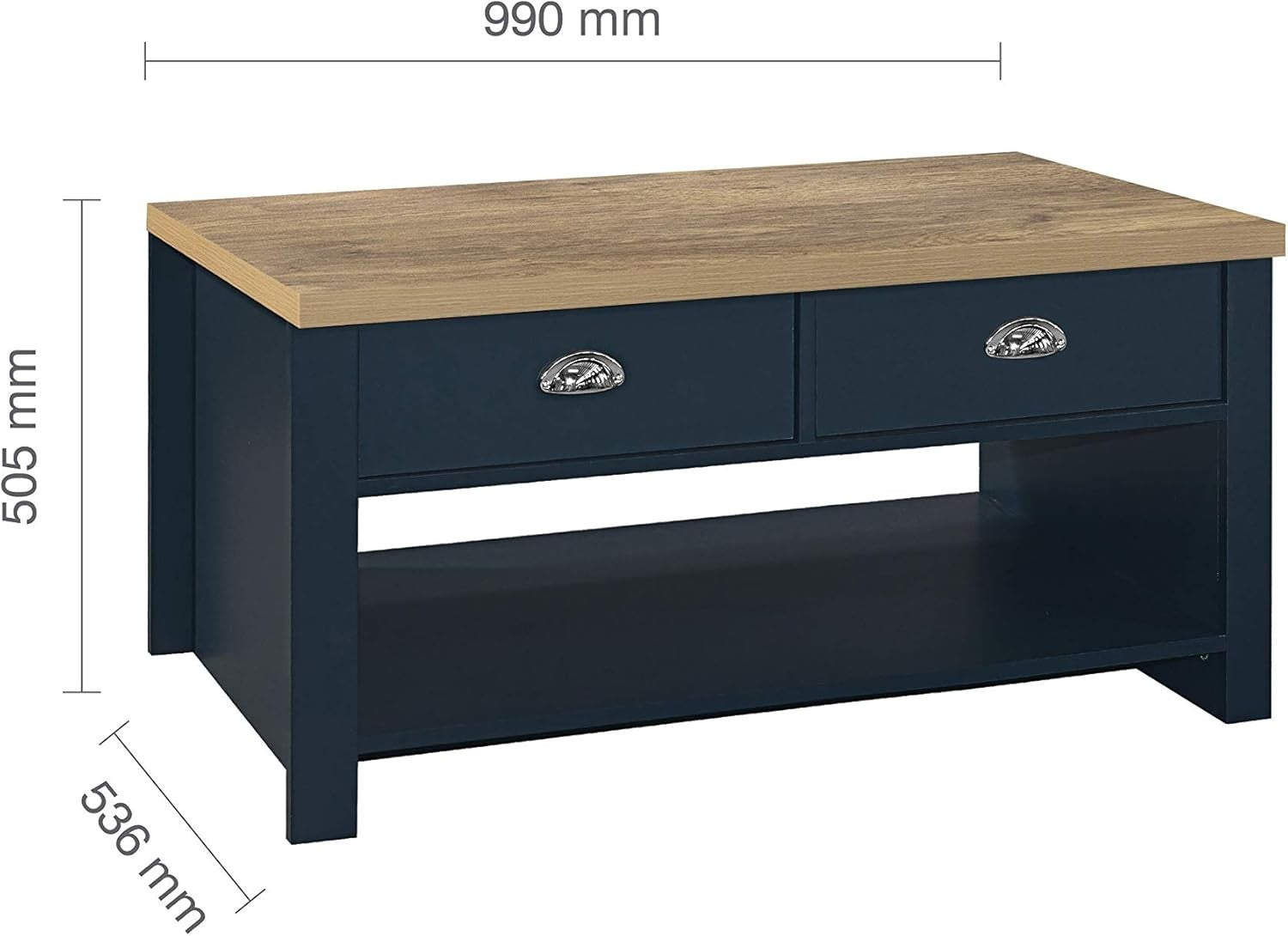 Rustic Blue Oak Coffee Table with 2 Drawers – Farmhouse Storage & Chic Design