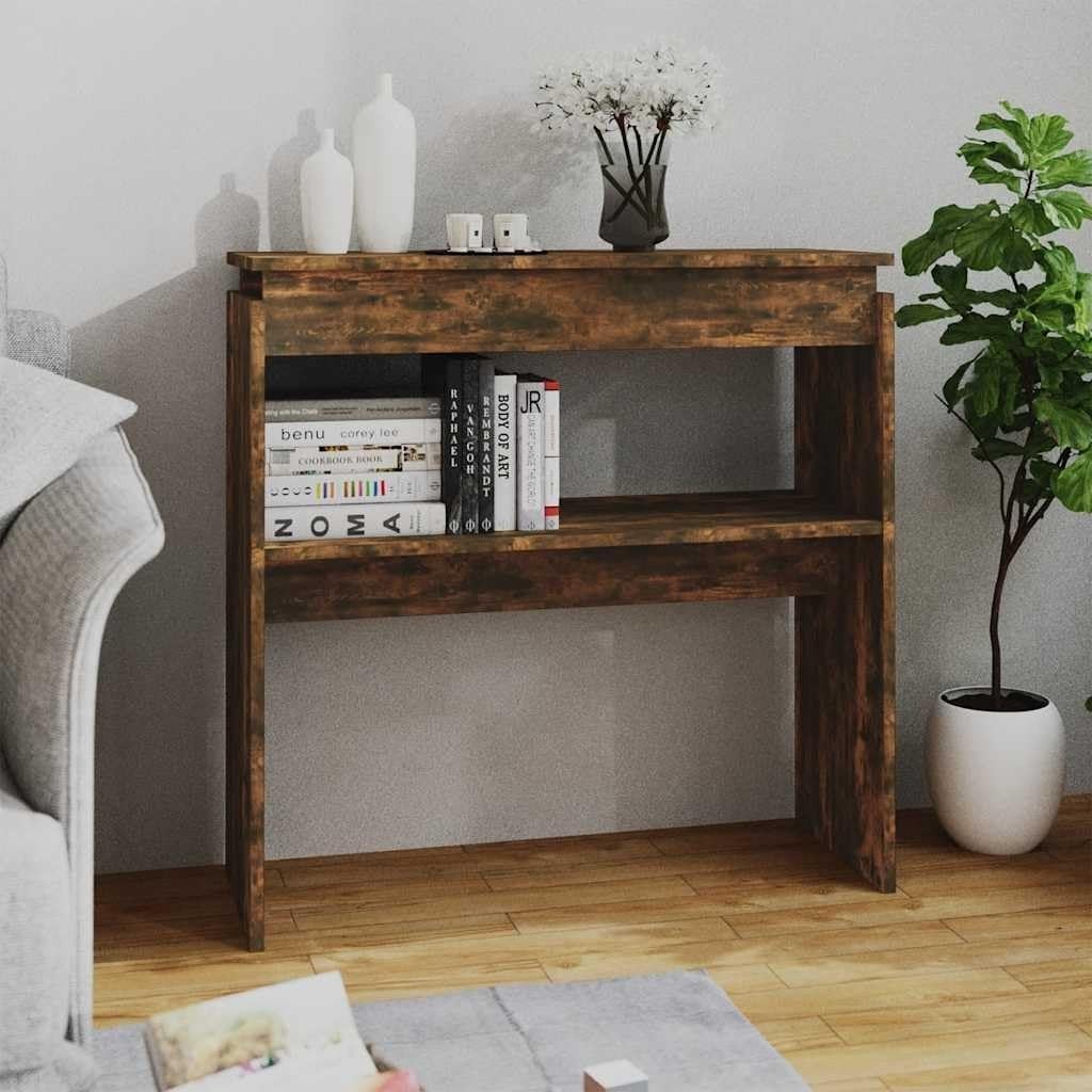 Compact Smoked Oak Console Table with Storage Shelf, 80x30x80cm