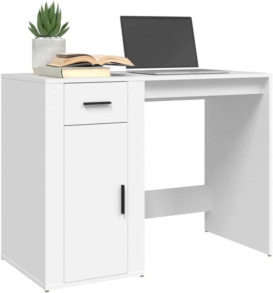 Modern White Office Desk with Drawer 100x49x75cm, Compact Reversible Workstation