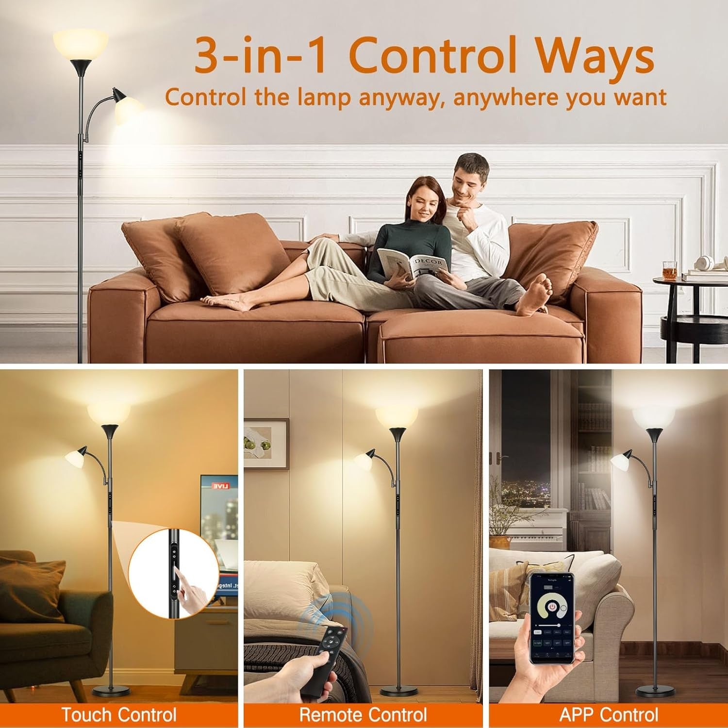 LED Dimmable Floor Lamp Touch Remote Uplighter Reading Light Tall Black