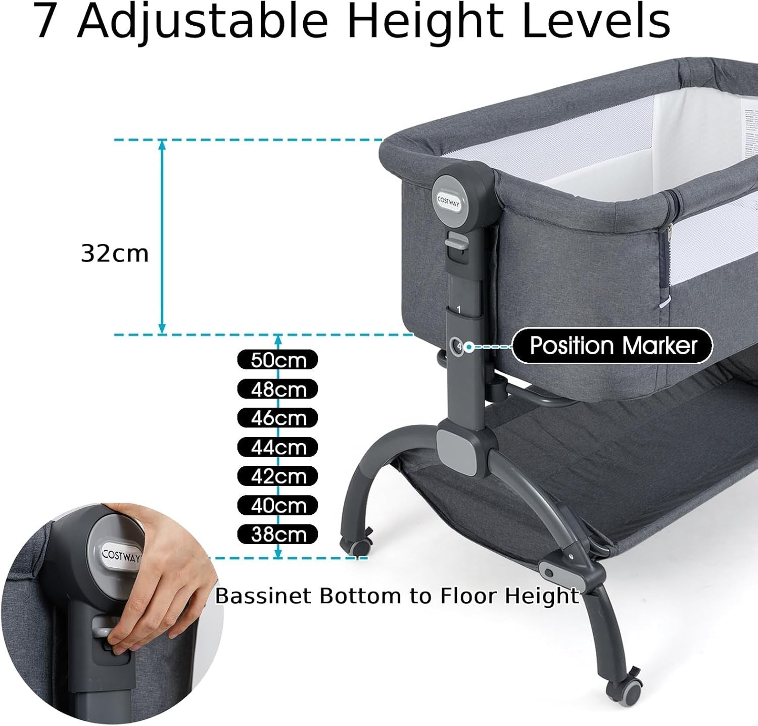Baby Bedside Crib Adjustable Bassinet with Mattress Newborn Sleeper Dark Grey