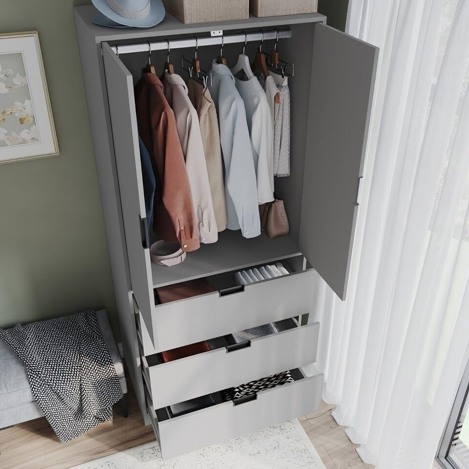 Modern Grey 2 Door 3 Drawer Wardrobe with Rail & Shelf 180cm Storage
