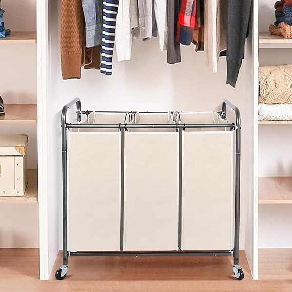 3-Section Rolling Laundry Sorter Cart with Bags & Lockable Wheels Beige 75×43×80