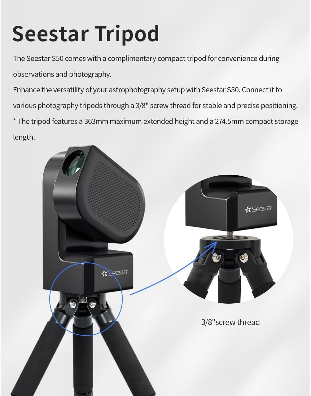 Seestar S50 Smart 50mm Autofocus Telescope with Tripod Black
